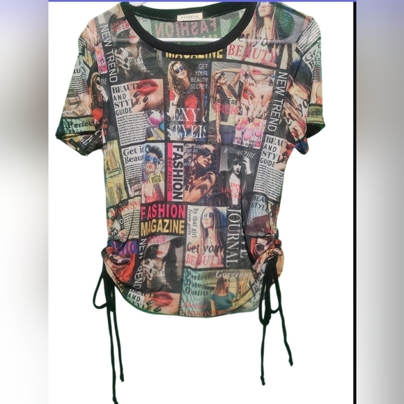 Occasion Multicolor Graphic Print Women's Top Mesh Medium EUC PTP 22 - Picture 1 of 4